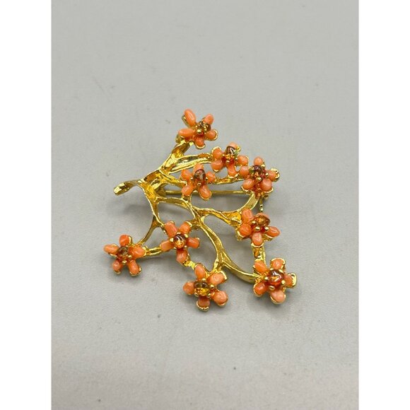 Vintage Gold Tone Floral Brooch with Coral & Citrine Gemstone Chips Twig Branch - Picture 3 of 7